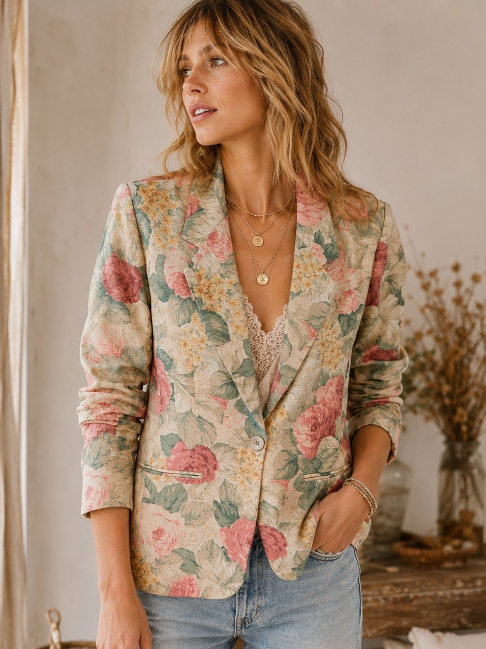 Vintage Floral Linen Blend Blazer 8P Cottagecore Grandmillennial